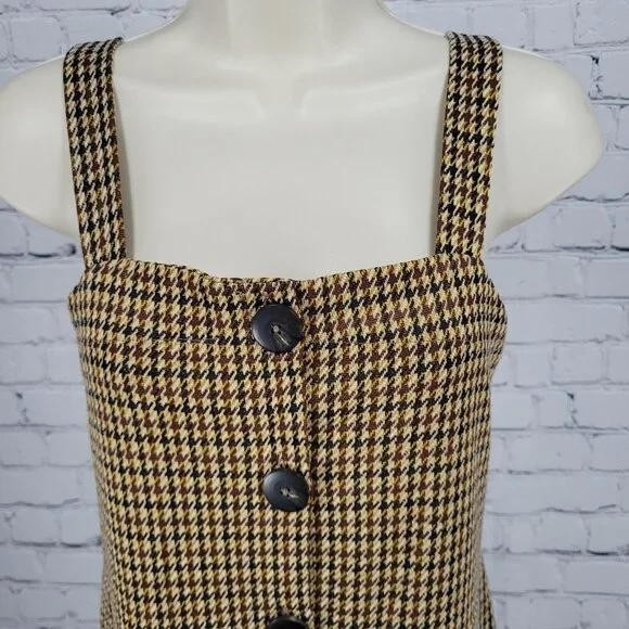 Zara Trafaluc Brown Yellow Houndstooth Square Neck Wide Leg Cropped Jumper Small - Picture 4 of 11